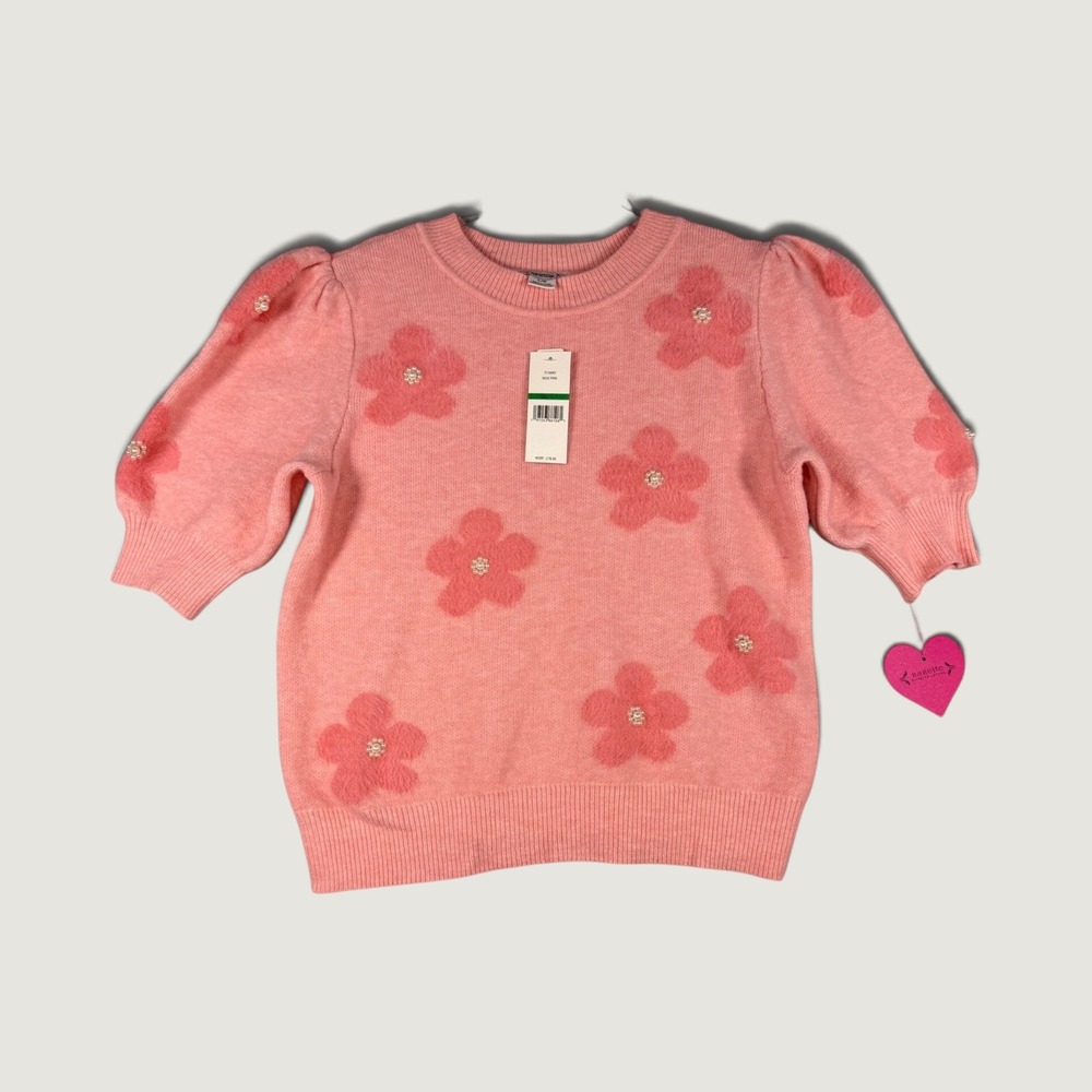 Nanette Lepore Sweater Womens L Pink New Knit Floral Pearl Embellished